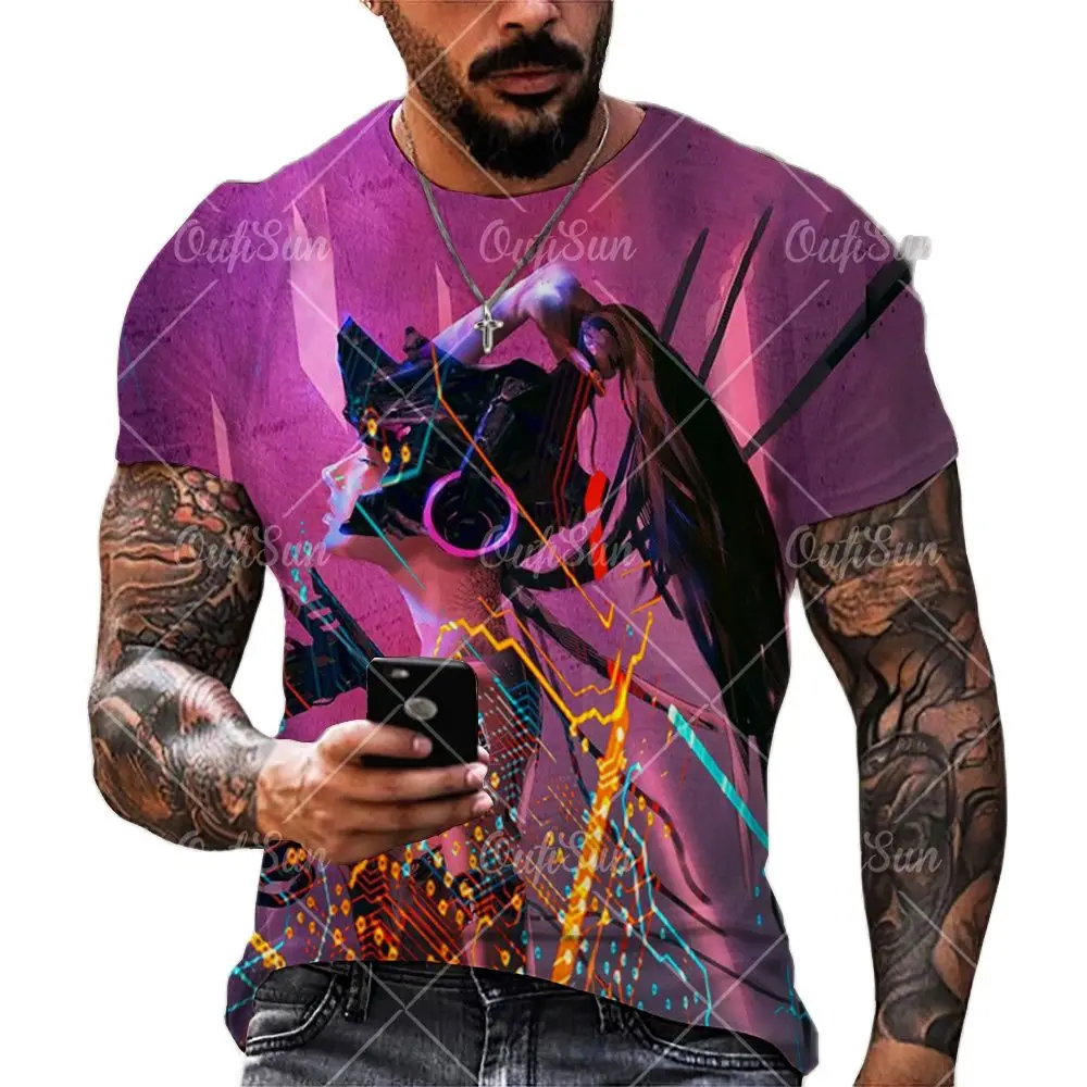 

Summer Men's Short-sleeved Sports T-shirt Large Size Round Neck Neon Chip 3d Printing Casual Street Punk Breathable Men's Clothi