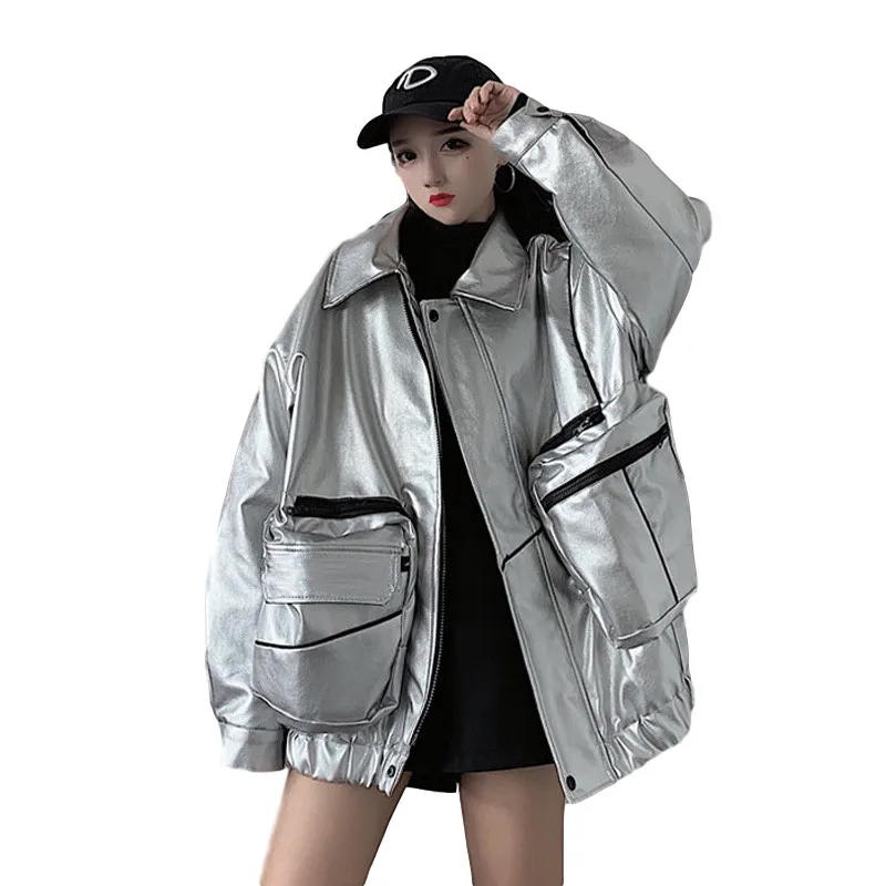 

Winter Coat Women 2020 New Fashion Silver Bright side Ladies Coat Warm Thick Loose Add cotton Jacket Women Coat Oversized Coat