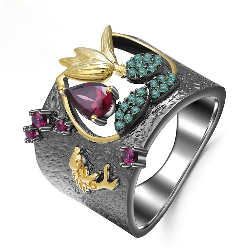 Благородный Золотой лист лилейный Лотос Дракон узор кольцо Винтаж Панк черное