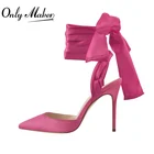 Женские туфли на шпильке Onlymaker, розовые туфли с острым носком, на шнуровке, на высоком каблуке-шпильке, шелковые элегантные свадебные туфли с бантом-бабочкой