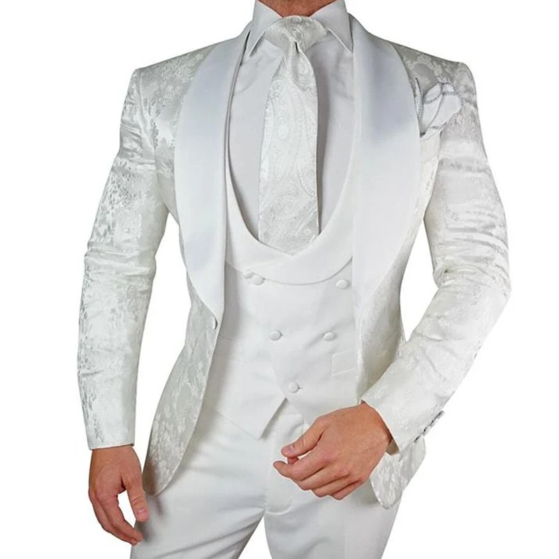 

White Floral Wedding Tuxedo for Groom 3 Pieces Slim Fit Men Suits with Satin Shawl Lapel Custom Male Fashion Costume Jacket Vest