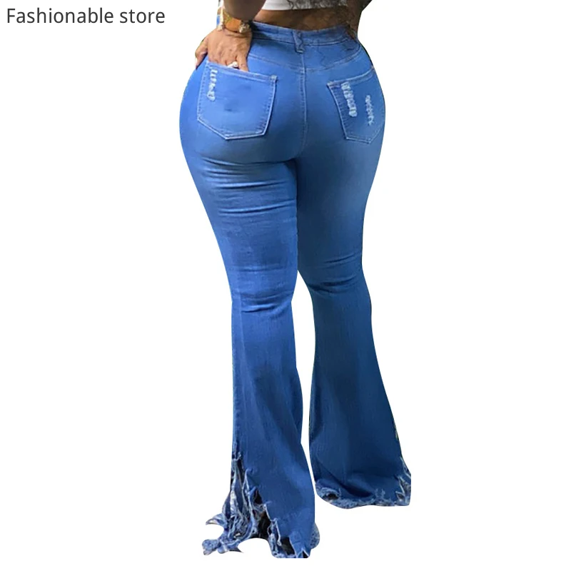 

Women High Waist Tassels Holes Washed Jeans Female Autumn Winter Flare Pants