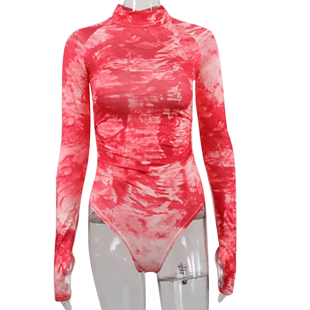 

2020 Sexy Women Long Sleeve Tie Dye Print Bodycon Romper Jumpsuit Autumn Clubwear Party Bodysuit Shorts Leotard