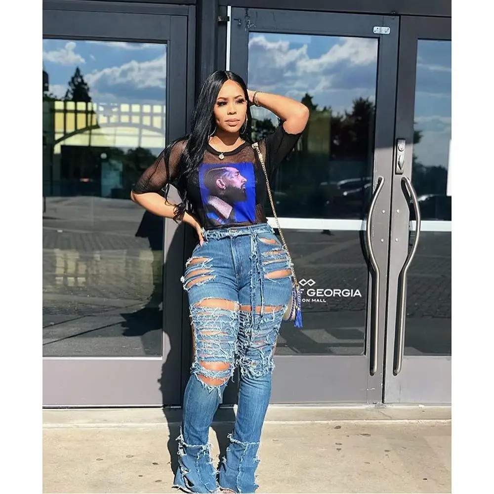 

Hot Sale Denim Trousers Patchwork Washed Hole Slim Flared Pants Streetwear Jeans for Women High Waist Jeans Ripped Jeans 14