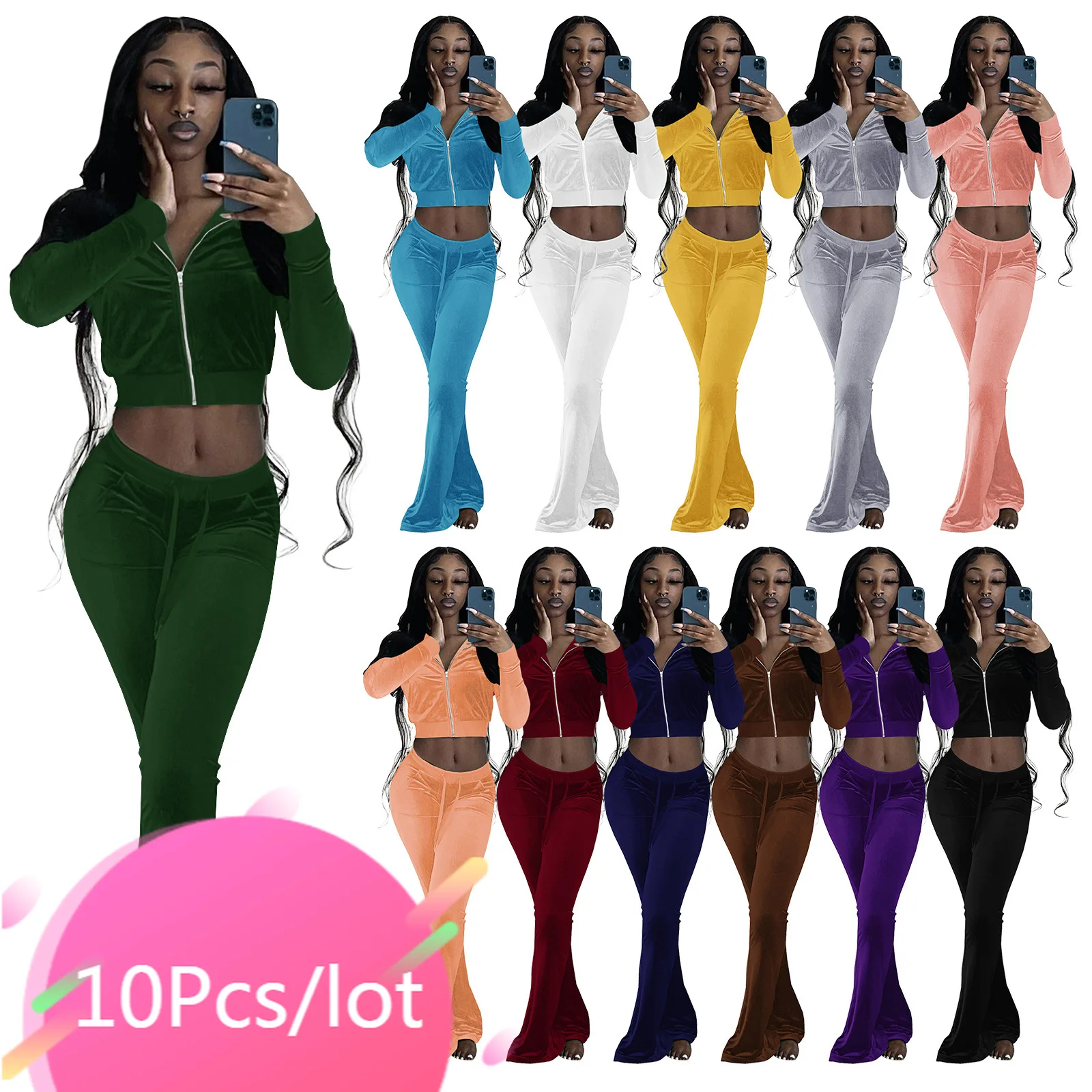 

Bulk Item Wholesale Lots Fall Clothes for Women 2 Piece Pants Set Long Sleeve Zipper Tops Flare Pants Velvet Tracksuit Women