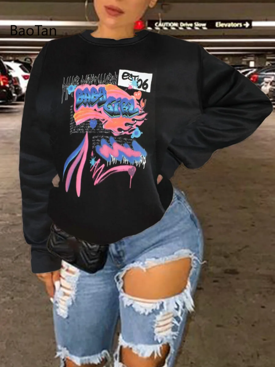 

Sweatshirt Women Hoodie Print Pullovers Casual O-Neck Long Sleeve Tops