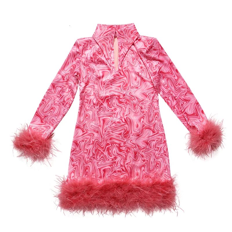 GALCAUR с рисунком из кусков платье украшенное перьями для Для женщин отворотом