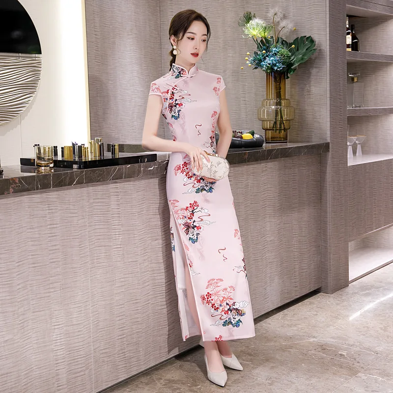 Spring 2020 Silk Imitation Show Cheongsam Long Style Double Layer Improved Qipao Daily Temperament Fashion Evening Dress | Тематическая