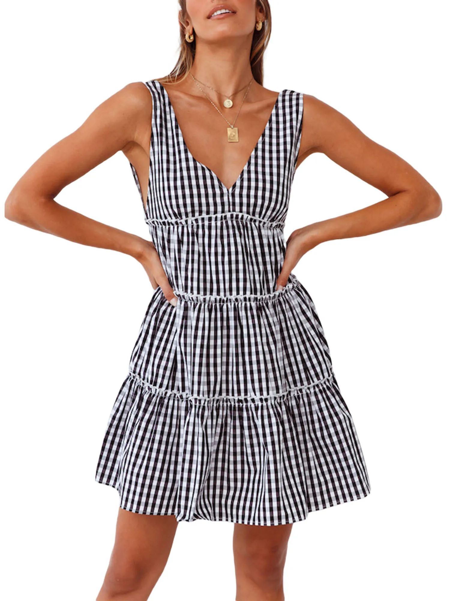 

Sleeveless Women Summer Palid Dresses Fashion V-neck A line Dress Stylish Backless Dress for Ladies Holiday Sundress Vestidos