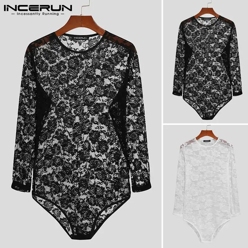 

2021 New Men's Summer Long Sleeve Lace Comfortable Homewear Jumpsuits Onesies Transparent O Neck Bodysuit Jumpsuit S-5XL INCERUN