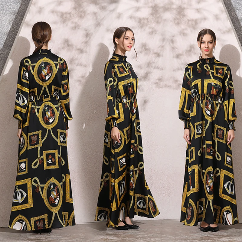 

Женское платье с длинным рукавом-фонариком, длинное платье большого размера с поясом на резинке и винтажным принтом в виде звезд, весна 2019