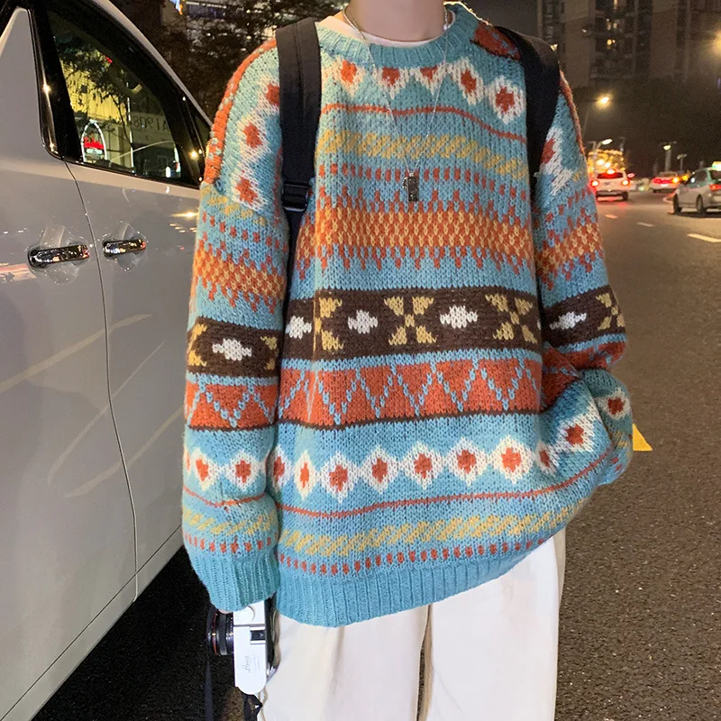 

2021 Winter Sweater Men's New O-neck Thickened Warmth Korean Street Style Men's Pullover Loose Harajuku Printed Sweater Men