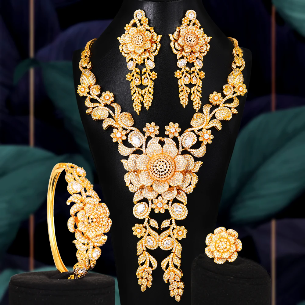 

4 шт. большое роскошное ожерелье GODKI с большим цветком, украшение для свадьбы с Африканским кубическим цирконием, ювелирные изделия для неве...