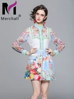 merchall spring women two piece sets stand collar long sleeve blouse shirt a line flower print pleated mini skirts suit m61308