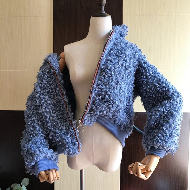 

2019 New fashion Winter short Coat Wool Lamb Leisure loose Solid color Warm thick Lantern sleeve Coat female cc932