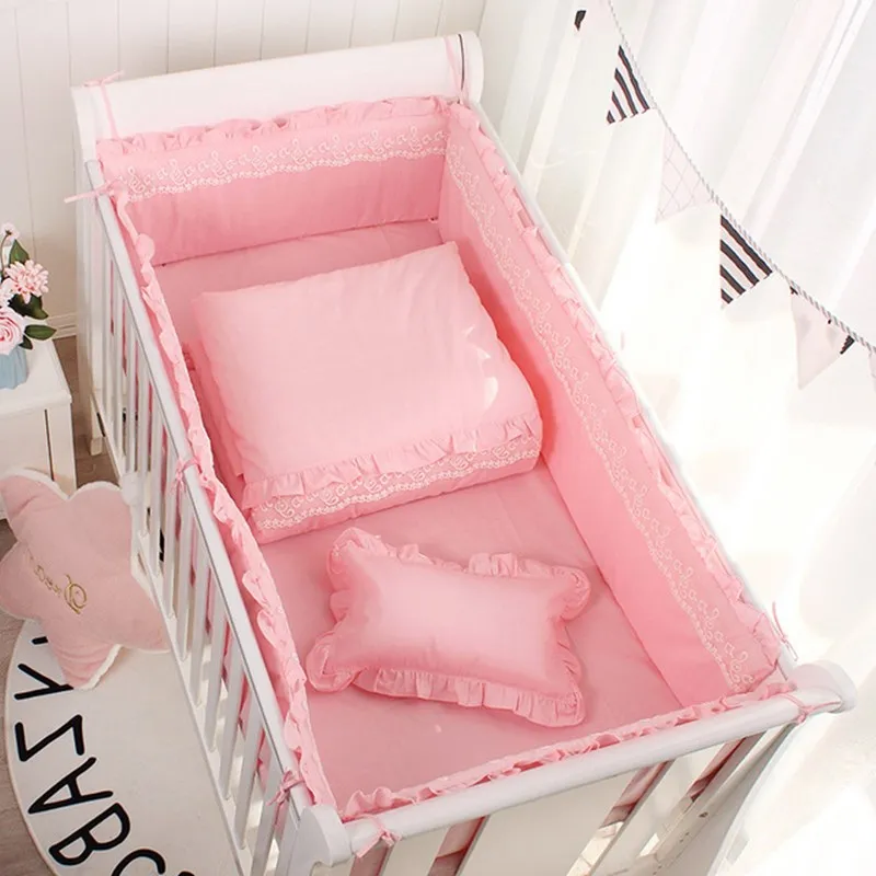 Princess Style Lace Baby Crib Bumpers Solid Color Cotton Pink White Grey Baby Cot Bedding Four Seasons Universal Kids Room Decor