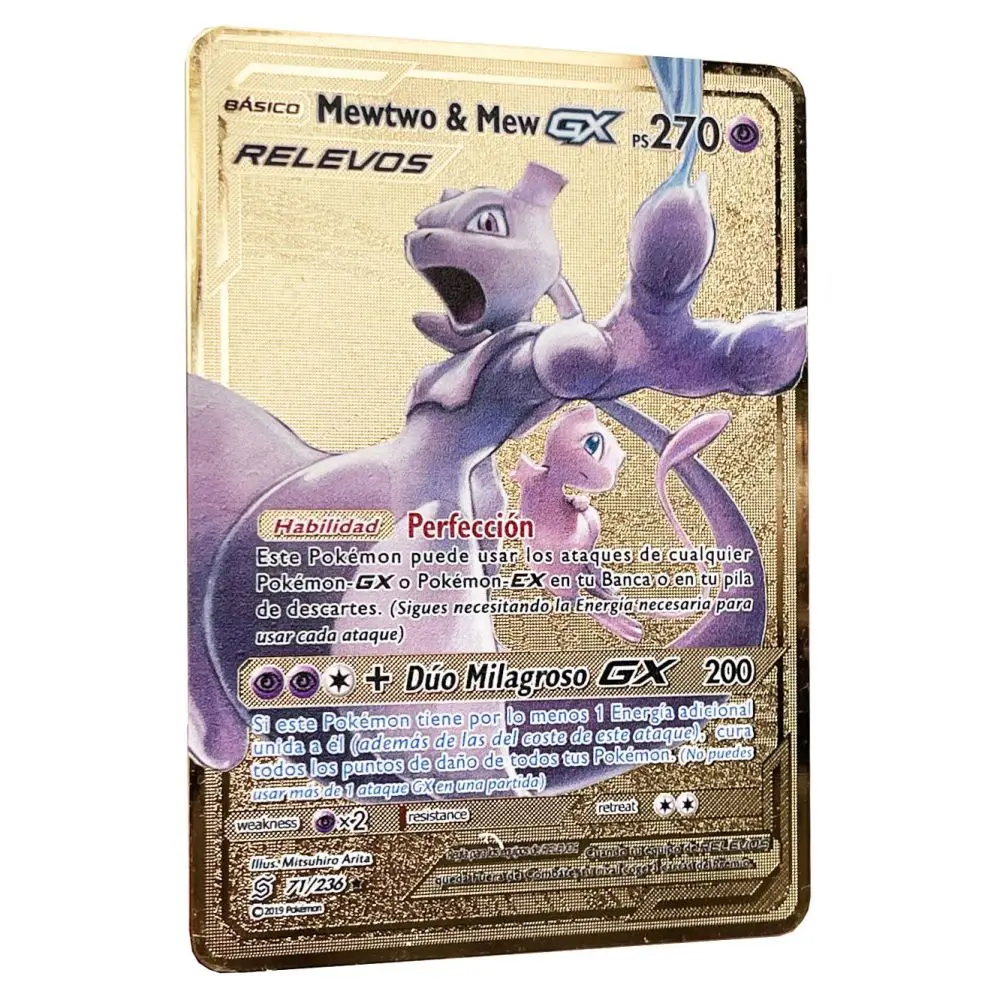 

Relevos Mewtwo Mew GX Pokemon Cards in Spanish Iron Metal Pokmo Letters Kids Gift Game Collection Cards ESPAÑOL Toy Rainbow