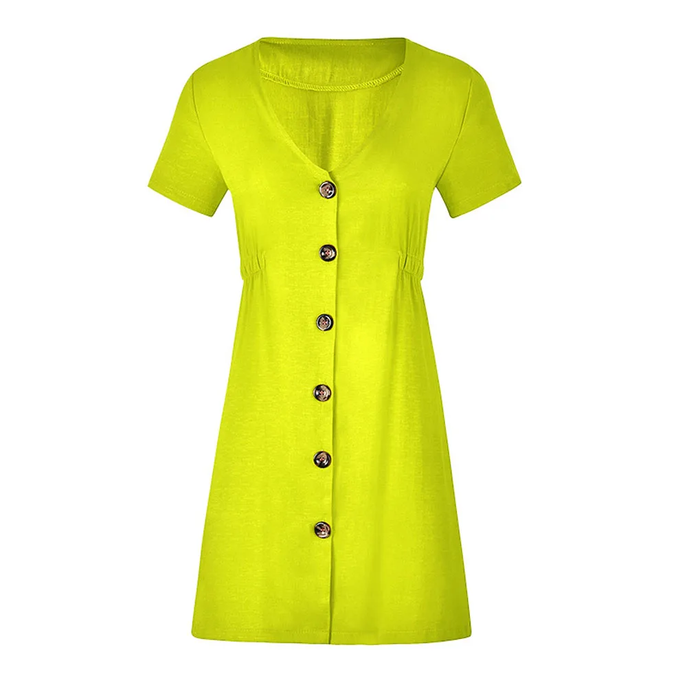 

Pure Color A Line Casual Dresses Women Summer Dress Vintage Short Sleeve Dress For Ladies Buttons V Neck Midi Vestidos Female
