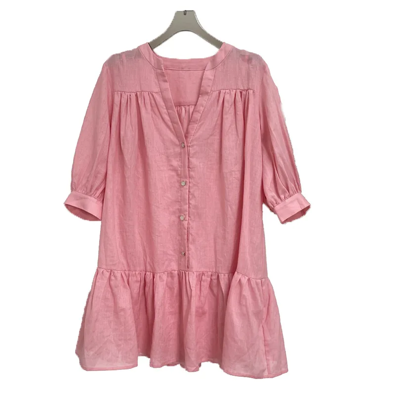 

2021 Early Autumn New Women's Deep V-neck Sweet Age Reduction Pink Wide-waisted Shirt Pink Dress