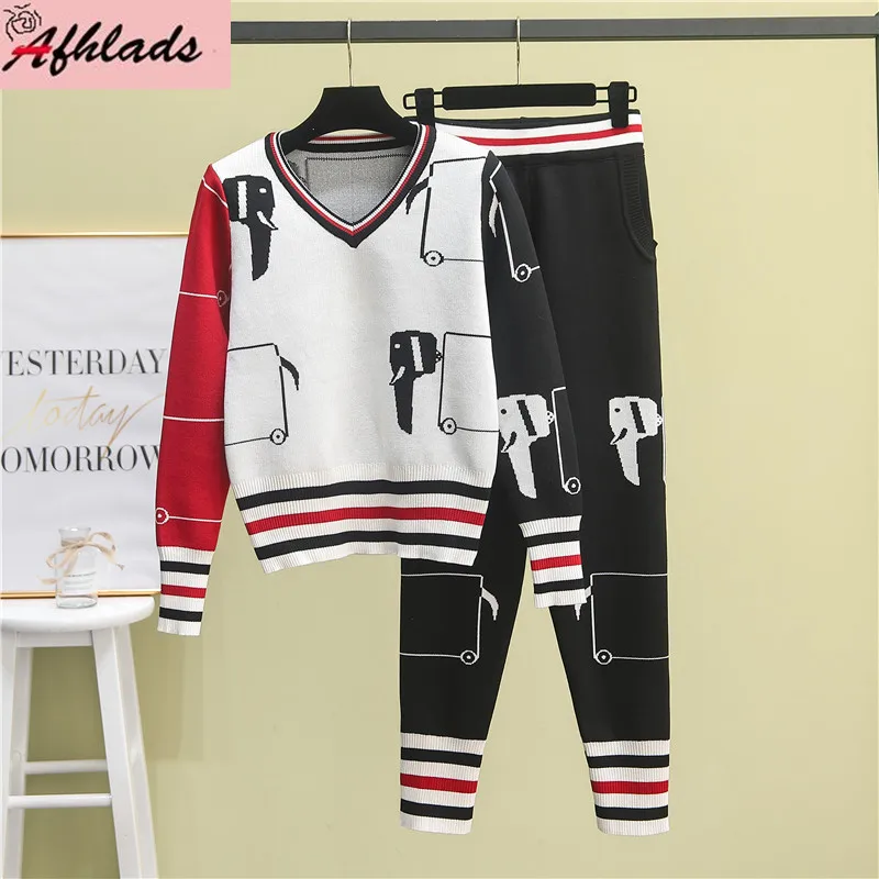 

Женский жаккардовый спортивный костюм, трикотажный свитер с длинным рукавом и круглым вырезом и модные брюки, комплект из двух предметов в ...