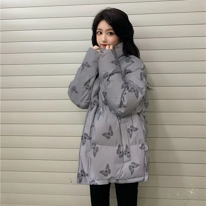 Winter Puffer Jacket Women Reflective Design Loose Thick Butterfly Print Korean Fashion 2021 Winter Clothes Women Bubble Coat