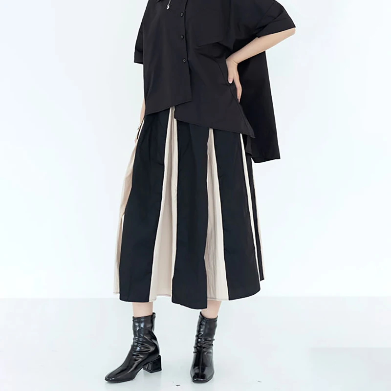 

SHENGPALAE Patchwork Contrast Color Skirt Women's Summer 2021 New High Waist A-line Big Swing Mid-calf Skirt Female Tide 5E216