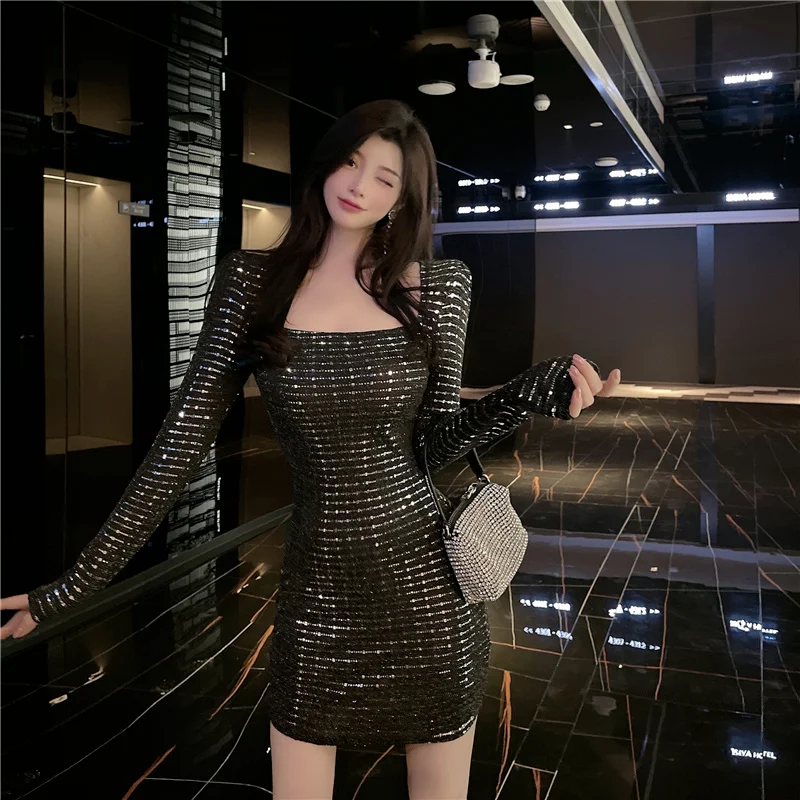 

Korejepo Women Dress 2021 Autumn Korean Chic Sexy Square Collar Long Sleeve Glittery Sequined Waist Tight-fitting Short Dresses