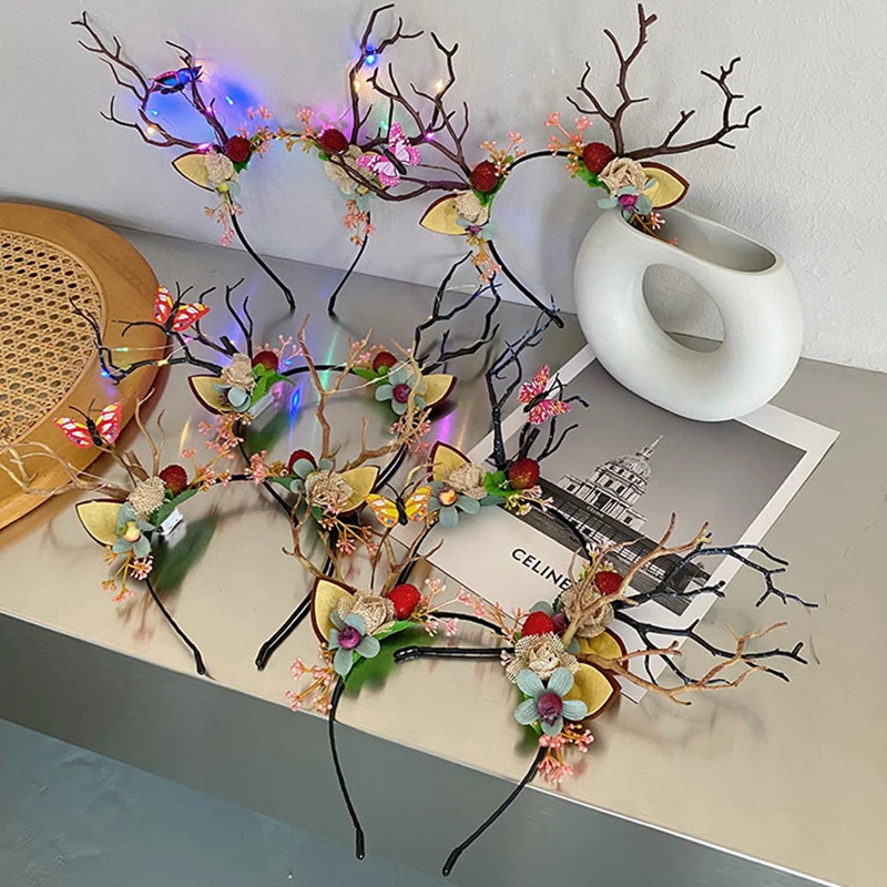 

Elk Antler Hair Hoop Christmas Style Headband Cute Cartoon Branches Elk Ear Hair Band Butterfly Flowers Women Hair Accessories