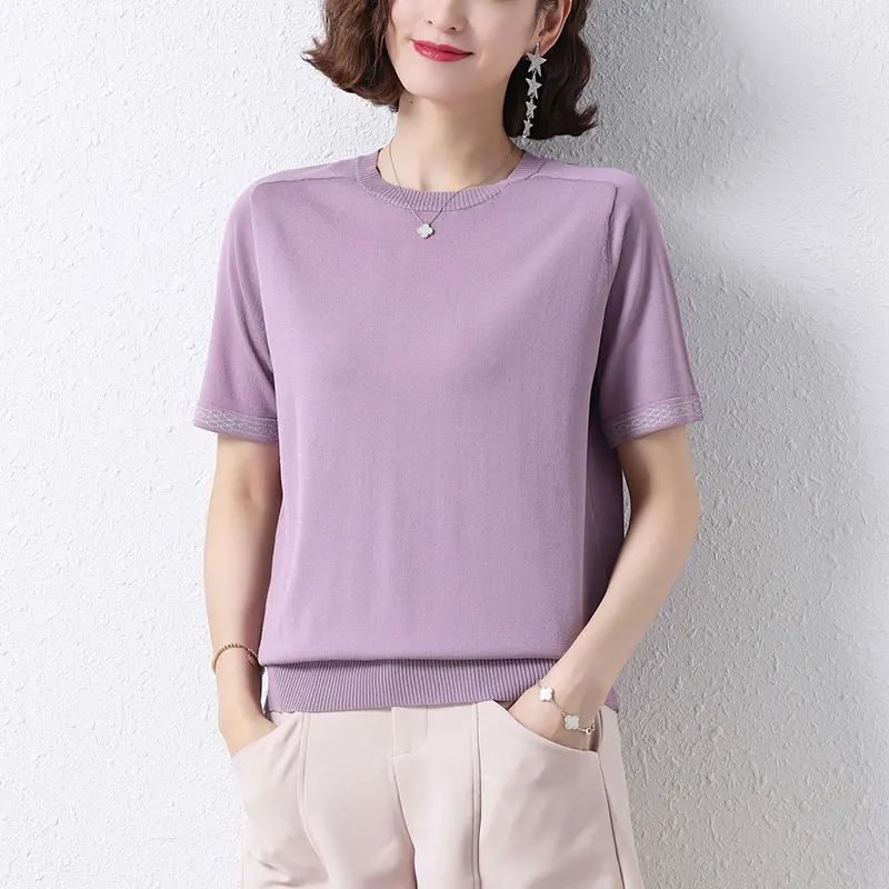 

Ms short sleeve T-shirt in the summer of 2021 pure color easy round collar middle-aged ice silk knitwear joker mother coat