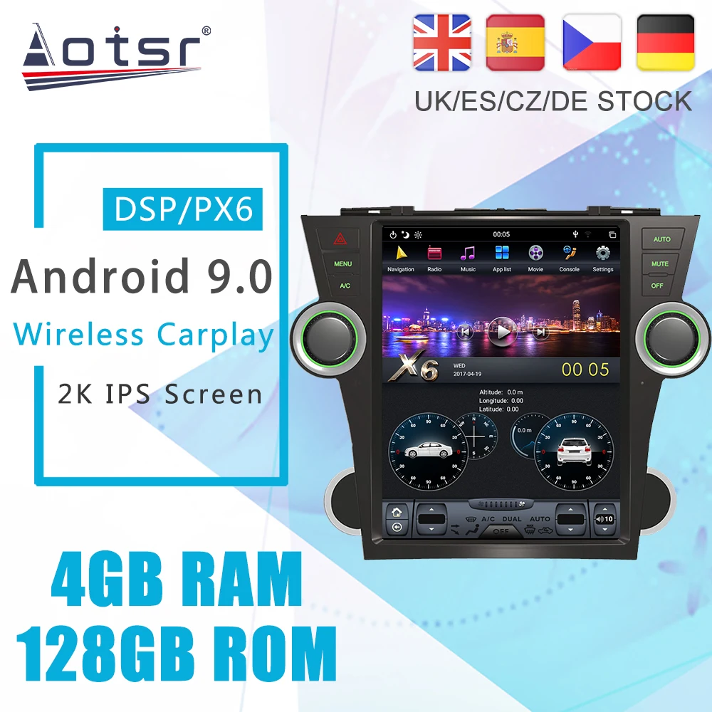 

Автомобильный мультимедийный плеер, Android 9, 128G, PX6, Tesla Styel для Toyota Highlander 2, XU40 2009-2016, автомагнитола, стерео, DVD, GPS-навигация