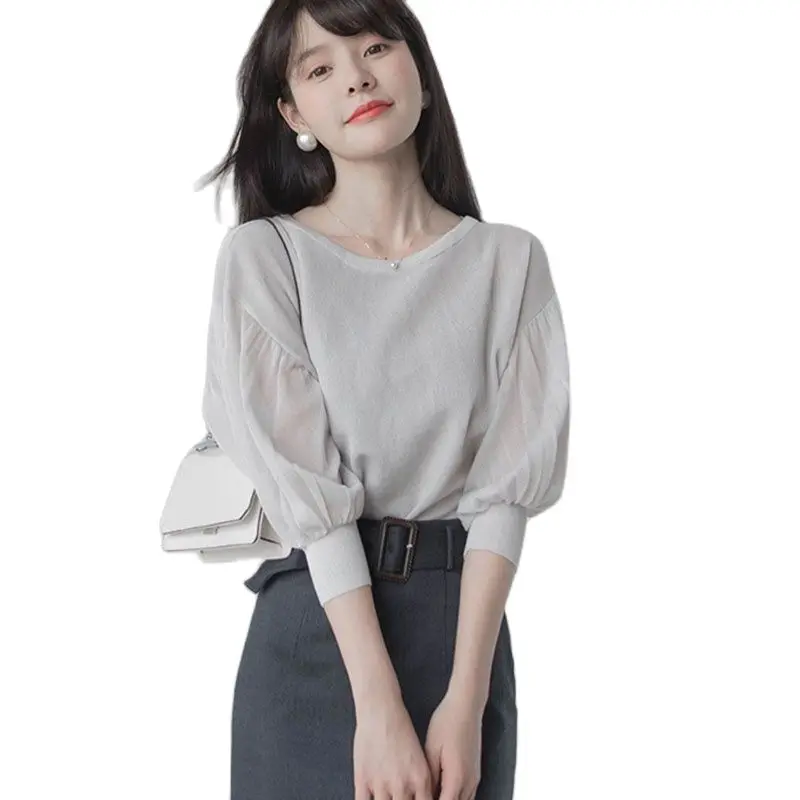 

women summer sun shirt 3quarter lantern sleeve low Oneck thin pullovers ice silk linen fabrics loose fit S-2XL