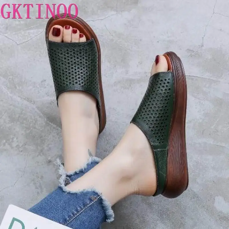 Шлепанцы GKTINOO женские из натуральной кожи сандалии на танкетке ручная работа