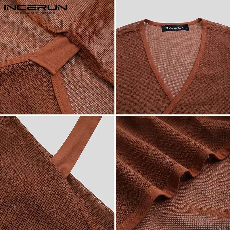 

Man Transparent Lace Up Camisa INCERUN Men Mesh Shirts Long Sleeve V Neck Solid Color Blusas Hombre Sexy Party Nightclub Shirts