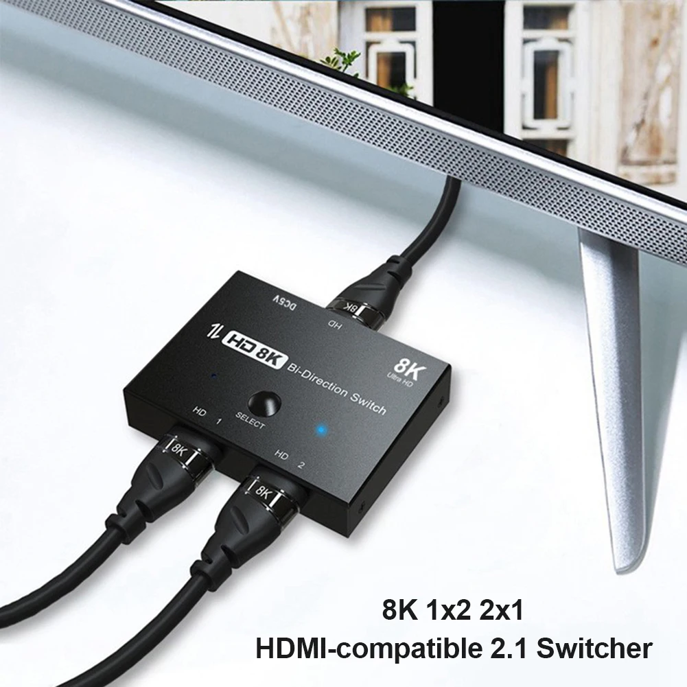 

HDMI Compatible 2.1 HD Switcher Adapter 1 in 2 out 8K@60Hz 4K@120Hz Ultra HD 2x1 Adapter for PS5 TV Box HDTV Xbox Projector