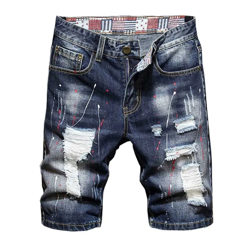 

Mcikkny Men Summer Ripped Denim Shorts Splash Ink Pleated Jeans Shorts For Male Washed