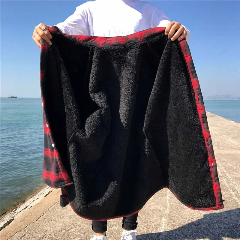 Осень Зима Женская Корейская Вельветовая плотная клетчатая рубашка пальто