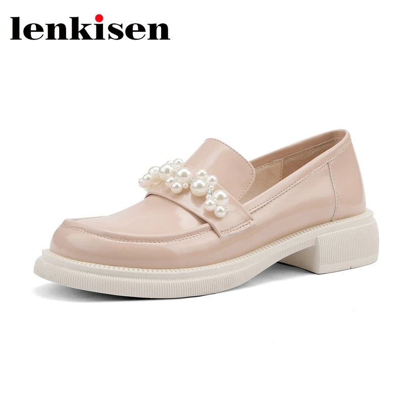 

Lenkisen cow split leather large size 42 Korean shoes round toe med heels slip on pearl flowers light pink color women pumps l13