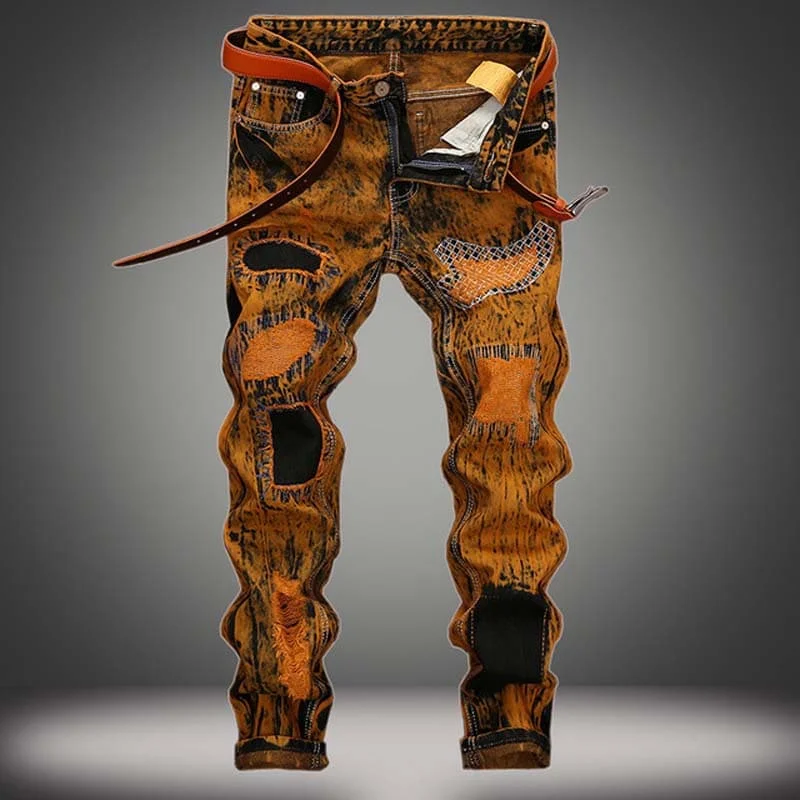 

Fashion Retro Jeans Tide Denim Pants Male Hole Personality Slim Straight Men's Jeans Yellow Printed Embroidery Ripped Jeans