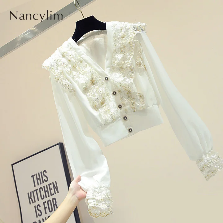 Кружевные вышитые белые шифоновые блузки для женщин осень 2019 новая Корейская