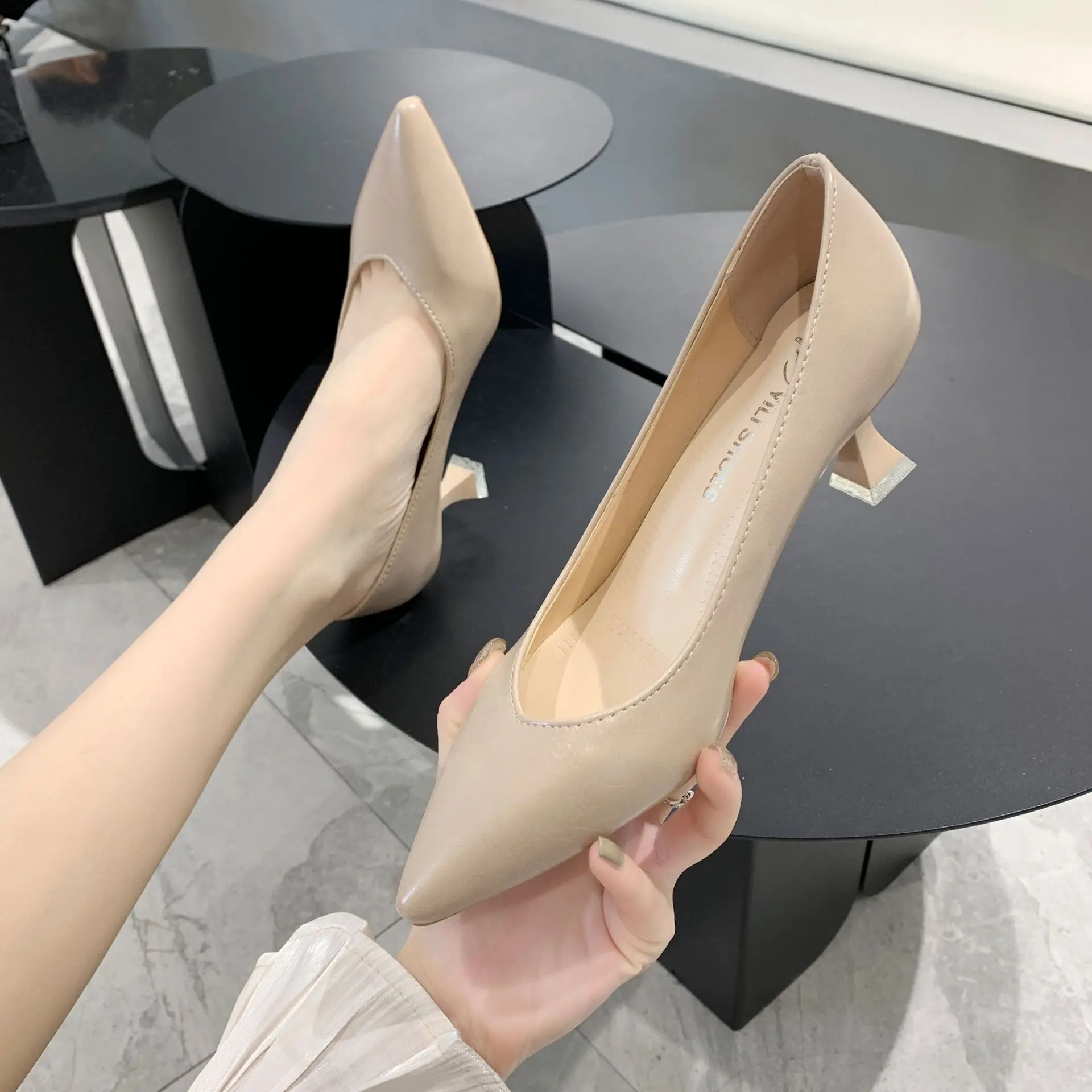 High heels women's 2020 spring style Korean style pointed toe shallow mouth fashion Square heel  Artificial Leather