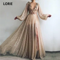 lorie bling arabic evening dresses v neck champagne beaded with pearls a line sequins long sleeve dubai prom gown party dress