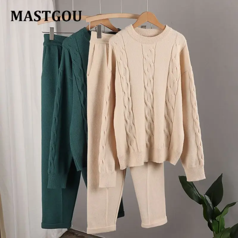 

MASTGOU OverSized Two Pieces Sets Blue Knit Cashmere Sweater Tracksuits Women Harem Pants Casual Loose Clothing Suits Winter
