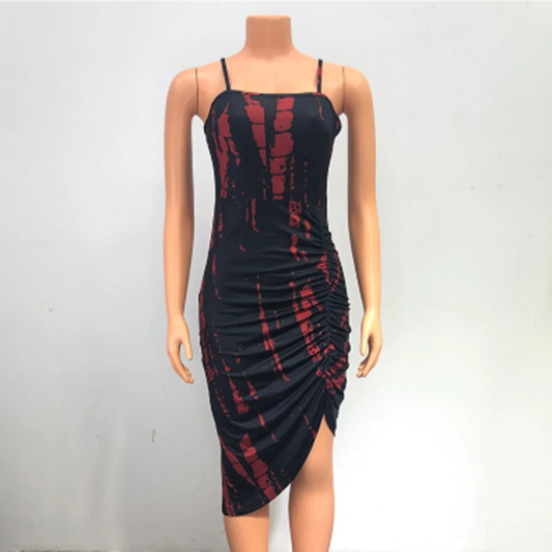 

2021 New Style Dress Women Abstract Printed Spaghetti Strap High Slit Dress Creative Elegant Female Supplies Accessories