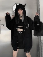 new 2021 women casual loose spring sweatshirt devil horn hooded hoodies japanese punk gothic zip up black coat korean plus size
