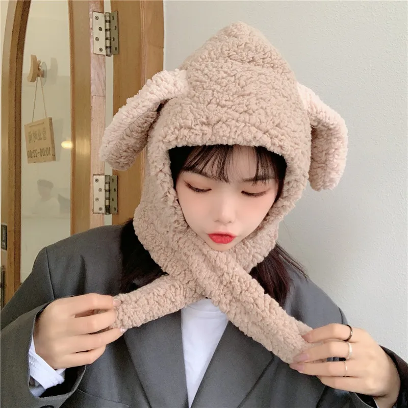 

INS Korean Bunny Ears Plush Bonnet Women's Scarf Integrated Student Earmuffs Hat Thickened Thermal Lei Feng Cap