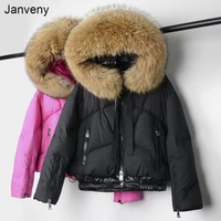 janveny real raccoon fur hooded womens down jacket 2021 winter 90 duck down coat short female puffer feather parkas outwear