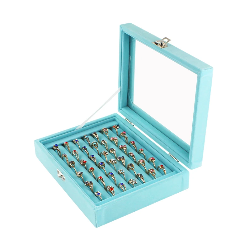 new 7 booths velvet blue carrying case with lock glass cover jewelry ring display box tray holder storage box organizer 2020 hot free global shipping