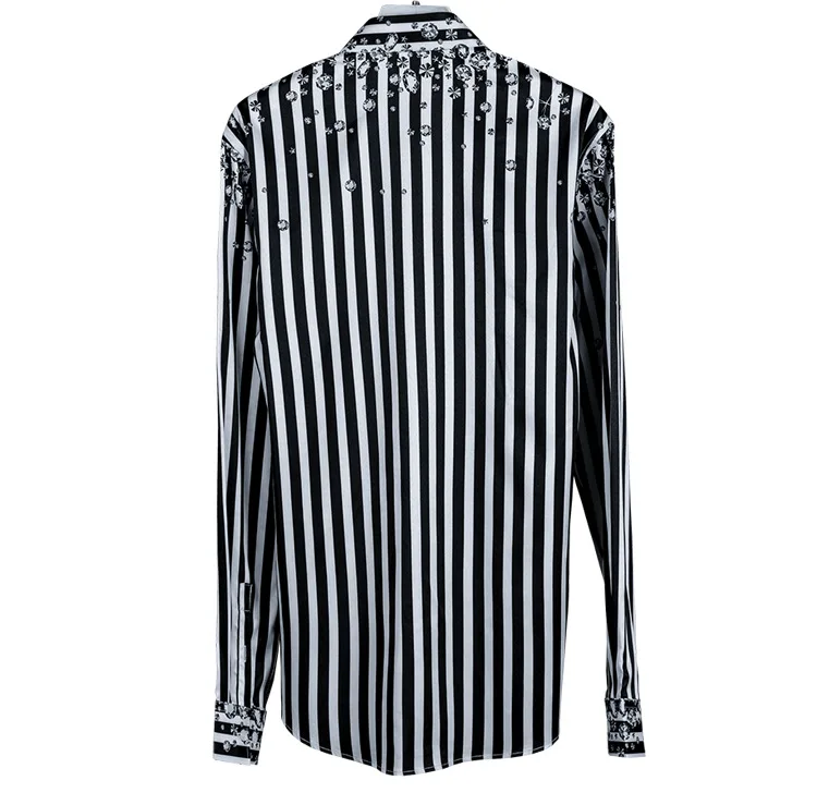 Роскошная мужская рубашка в полоску со стразами 2020 брендовая приталенная