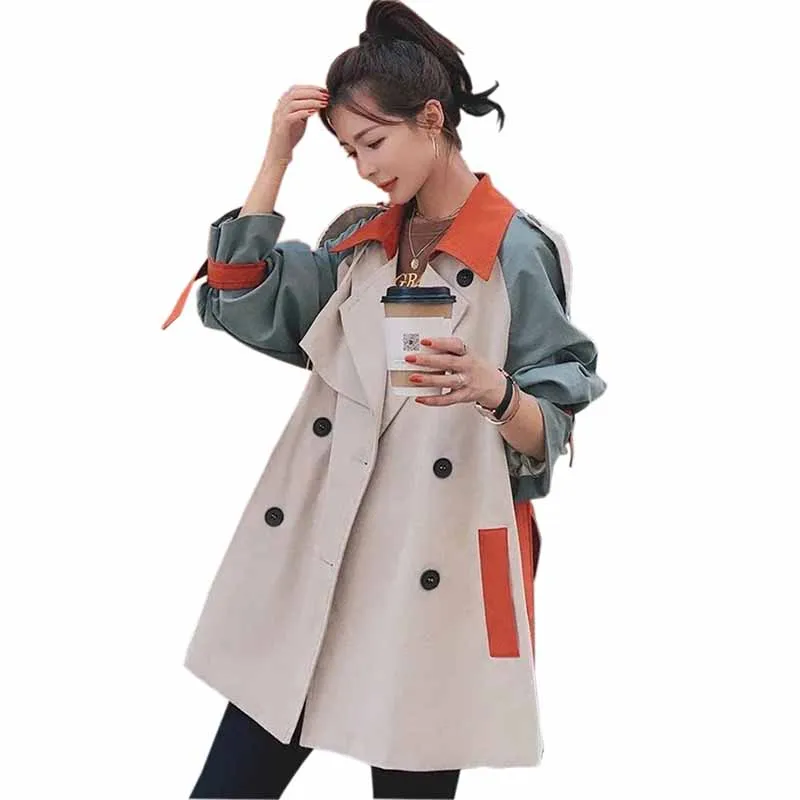 

2022 Fashion Paneled Colour Trench Coat Women Double Breasted Patchwork Windbreaker Student Casual Top Loose Thin Outwear KW322