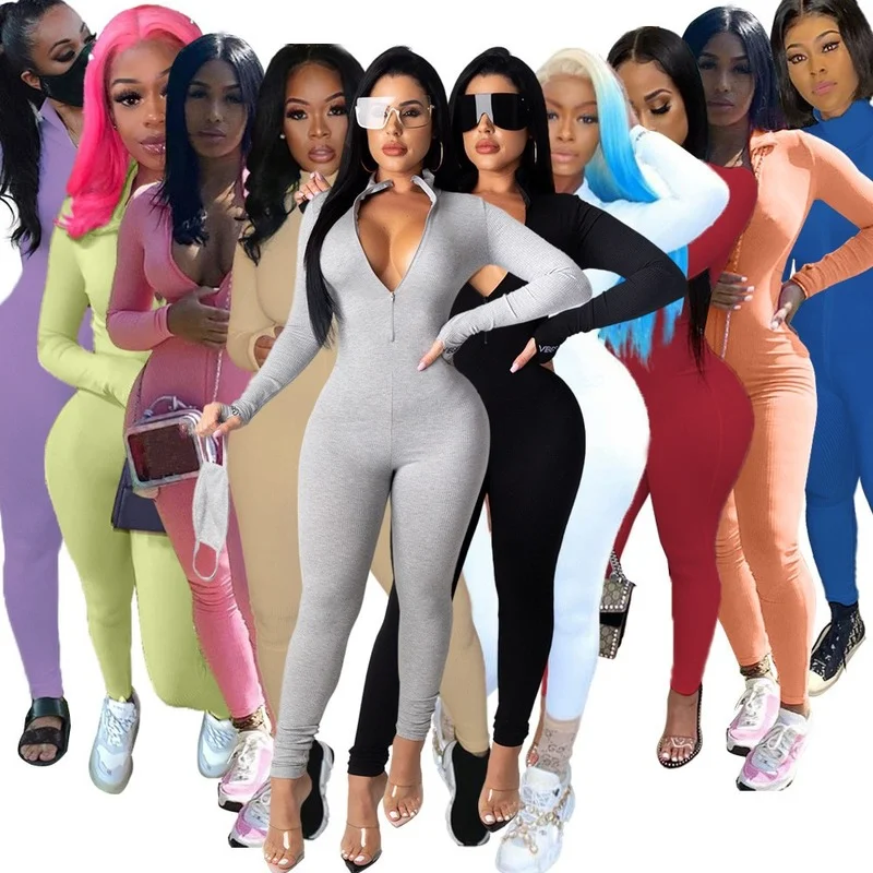 

Casual Women Ribbed Jumpsuits Mujer 2021 Letter Sleeves Turtleneck Zip Rib Bodysuit Skinny Raised Lines Pattern Outdoorwear Mono